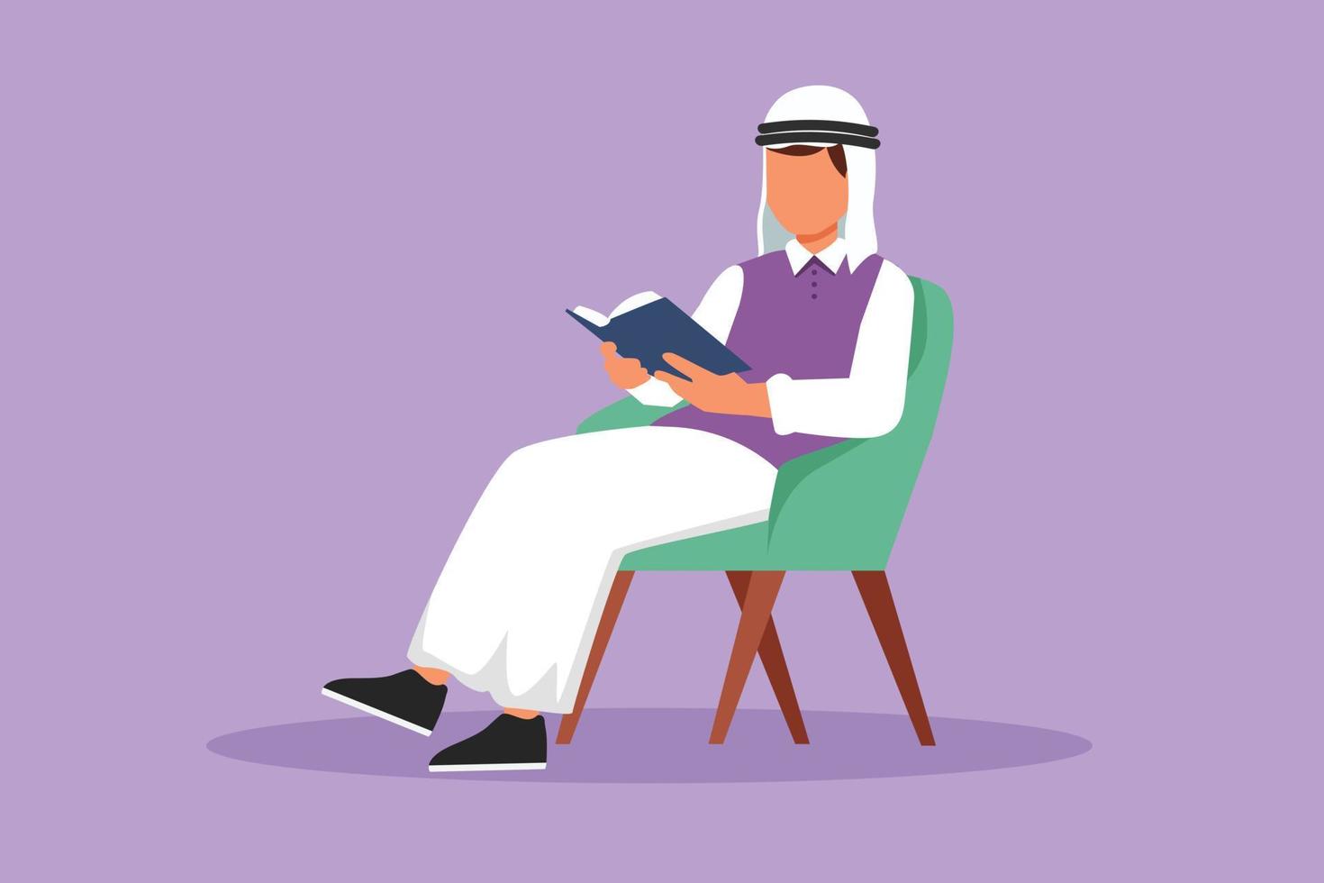 grafisch vlak ontwerp tekening Arabisch Mens lezing boek in stoel. kant visie van mannetje leerling aan het leren Aan fauteuil. zakenman uitgeven Reserve tijd door lezing literatuur. tekenfilm stijl vector illustratie