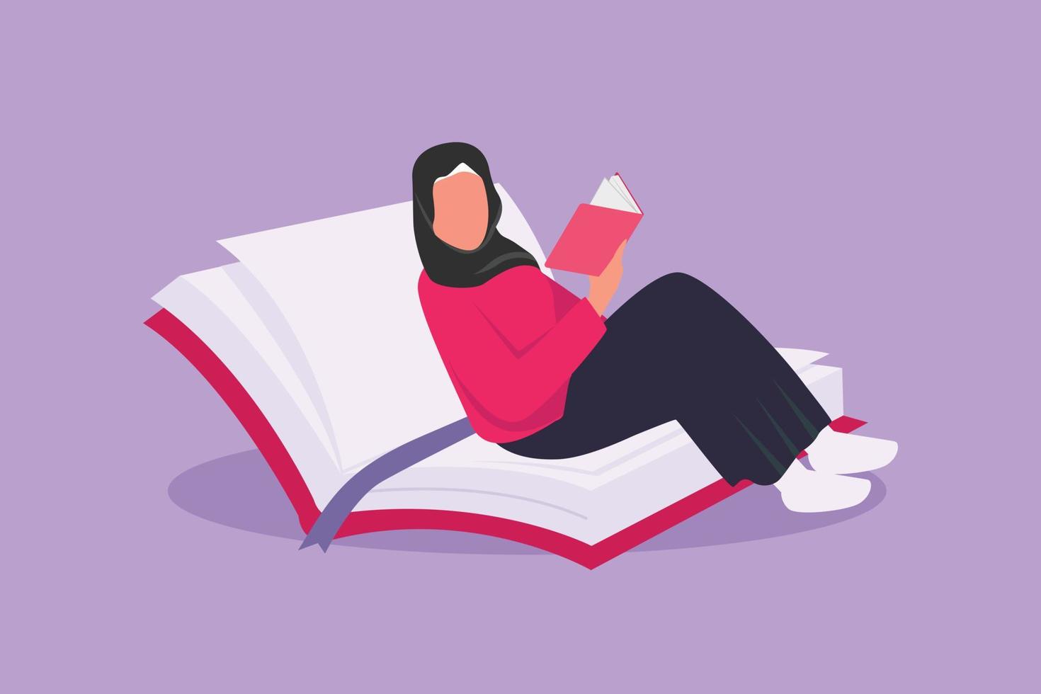 karakter vlak tekening Arabisch vrouw lezing, aan het leren en zittend Aan Open groot boek. slim leerling aan het studeren in bibliotheek. literatuur fans, boek liefhebber, onderwijs concept. tekenfilm ontwerp vector illustratie