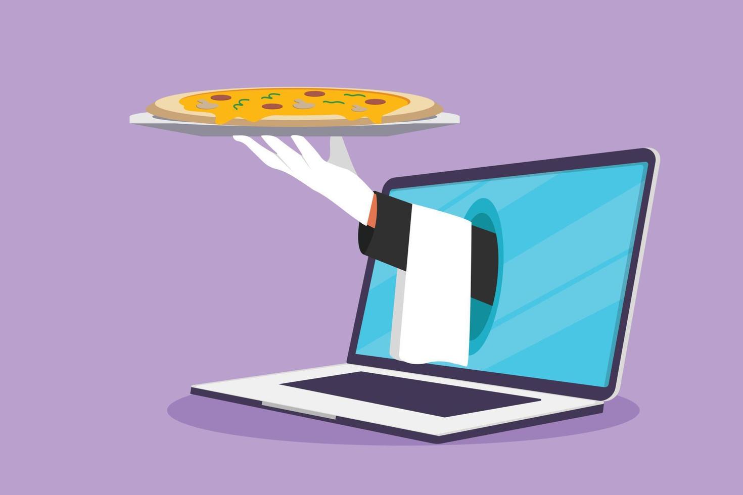 karakter vlak tekening handen uit van laptop computer scherm met dienblad Open naar dienen heerlijk Italiaans pizza. digitaal app bestellen. online voedsel levering onderhoud concept. tekenfilm ontwerp vector illustratie