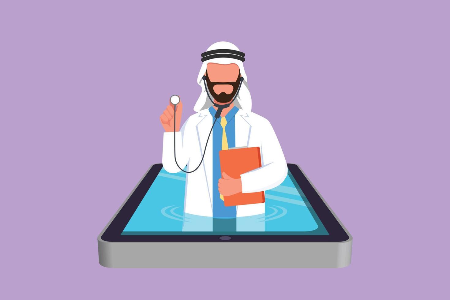 grafisch vlak ontwerp tekening nuttig Arabisch mannetje dokter komt uit van smartphone scherm Holding stethoscoop. online medisch app Diensten. digitaal gezondheidszorg overleg. tekenfilm stijl vector illustratie