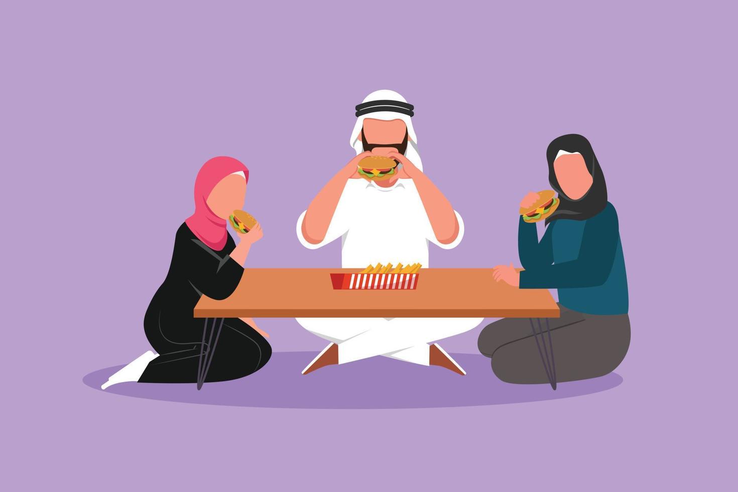 grafisch vlak ontwerp tekening Arabisch familie met kind aan het eten Hamburger, zittend Bij tafel in restaurant. vader moeder en weinig dochter hebben lunch met snel voedsel. tekenfilm stijl vector illustratie