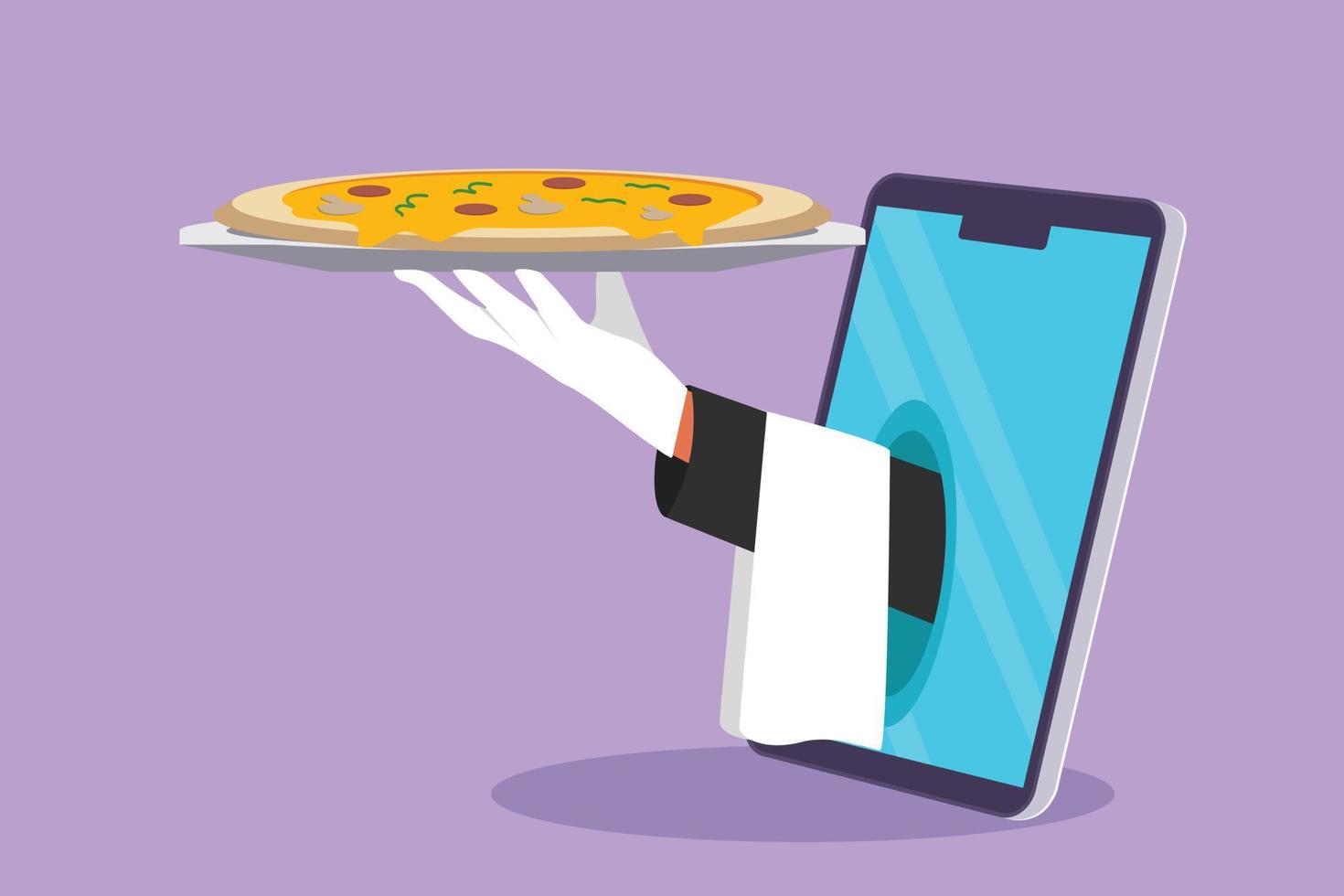 tekenfilm vlak stijl tekening handen uit van smartphone scherm met dienblad Open naar dienen heerlijk Italiaans pizza. digitaal app bestellen. online voedsel levering onderhoud concept. grafisch ontwerp vector illustratie