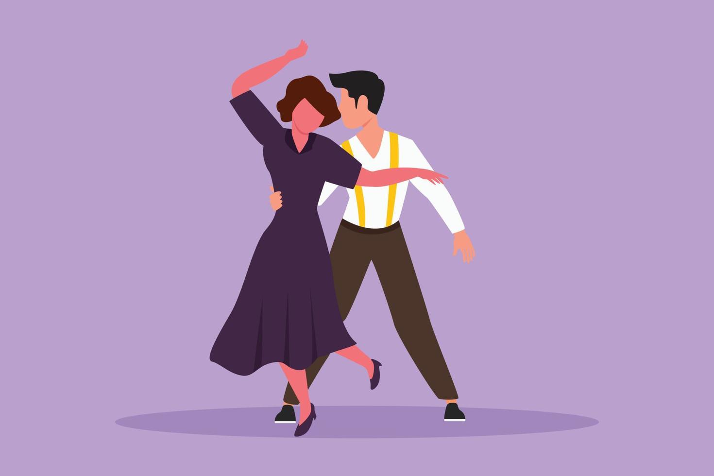 karakter vlak tekening van jong Mens en vrouw professioneel danser dansen tango, wals dansen Aan dansen wedstrijd dansvloer. gelukkig paar prestatie Bij nacht feest. tekenfilm ontwerp vector illustratie