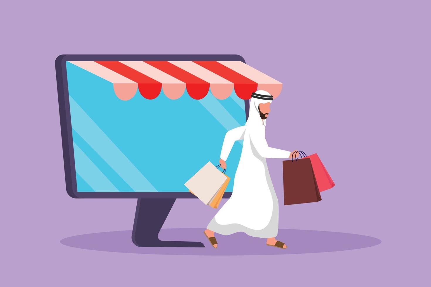 karakter vlak tekening Arabisch Mens wandelen en komt eraan uit van toezicht houden op scherm Holding boodschappen doen tas. uitverkoop, digitaal levensstijl, consumentisme concept. online op te slaan technologie. tekenfilm ontwerp vector illustratie