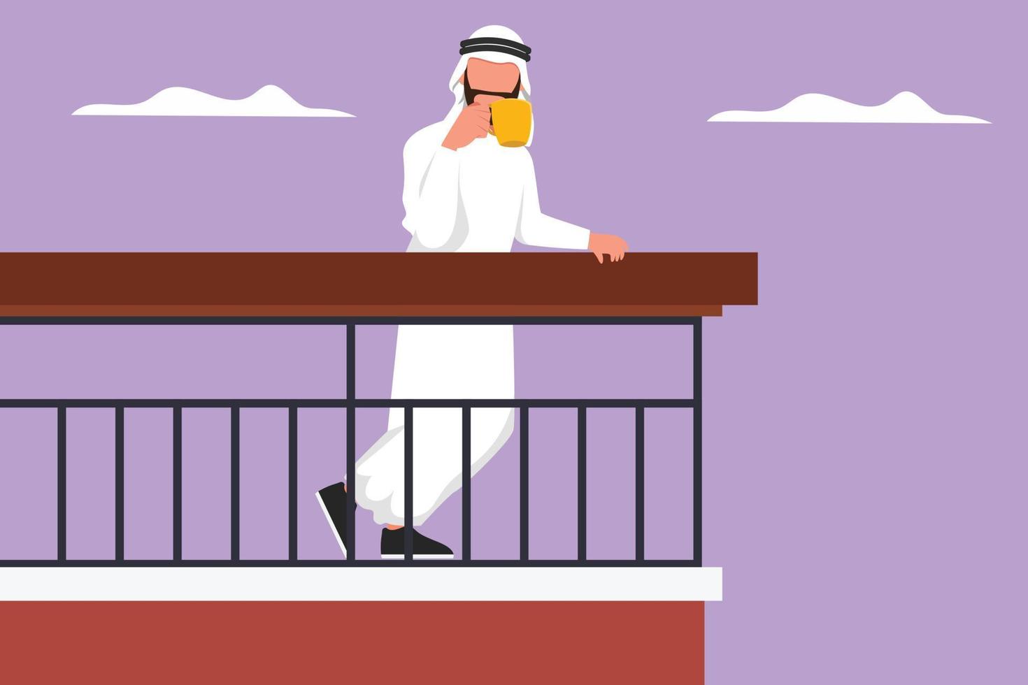 grafisch vlak ontwerp tekening Arabisch mannetje staand Aan huis balkon drinken koffie Bij covid19 quarantaine. virus verspreiden preventie, uitbraak, epidemie. weekend kom tot rust. tekenfilm stijl vector illustratie