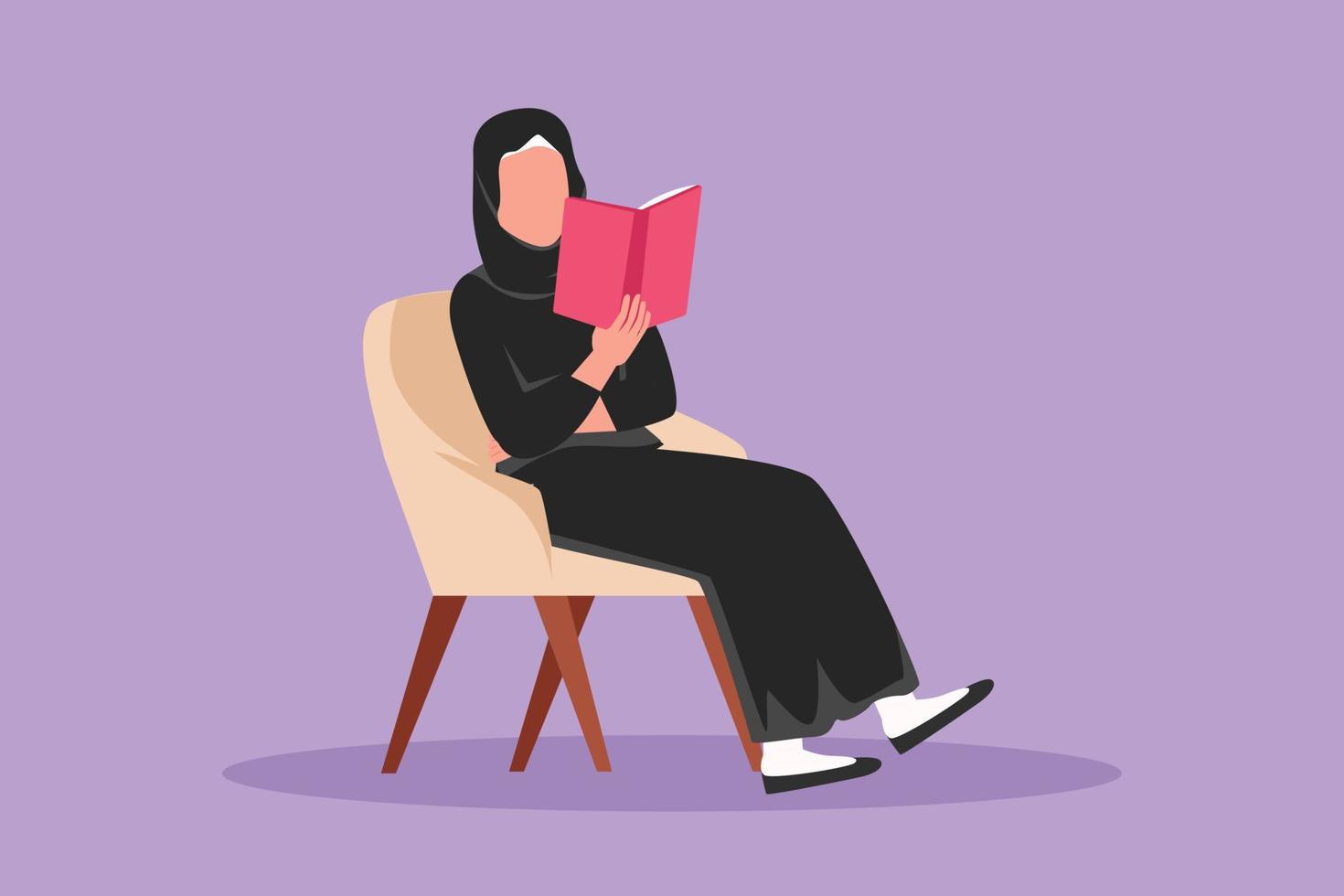 tekenfilm vlak stijl tekening slim Arabisch meisje leerling zittend Aan stoel, lezing boek in bibliotheek of boekhandel. vrouw leerling aan het studeren. vrouw opleiding, aan het leren, les. grafisch ontwerp vector illustratie