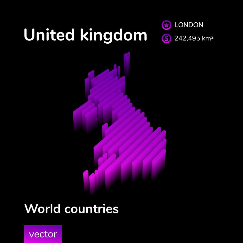 uk 3d kaart. gestileerde neon digitaal isometrische gestreept vector kaart van Verenigde koninkrijk is in paars en roze kleuren Aan de zwart achtergrond