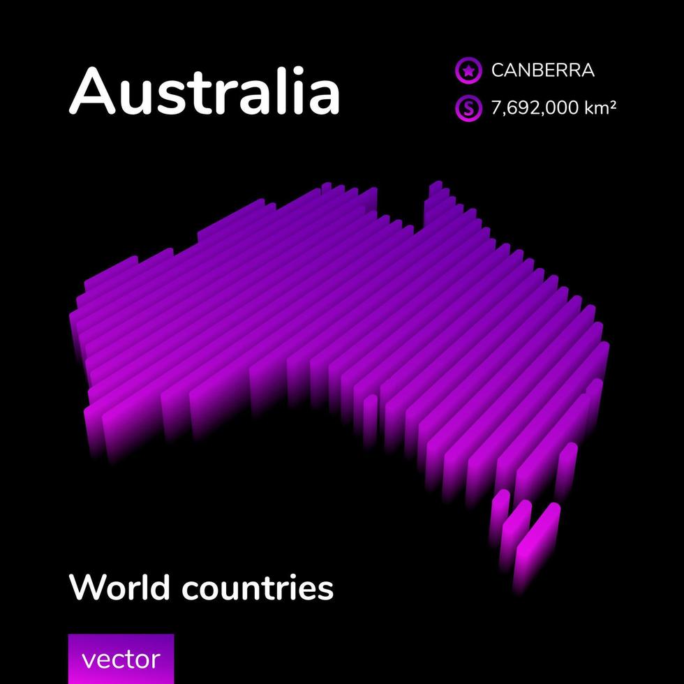 Australië 3d kaart. gestileerde gestreept vector neon isometrische kaart van Australië is in paars en roze kleuren Aan zwart achtergrond