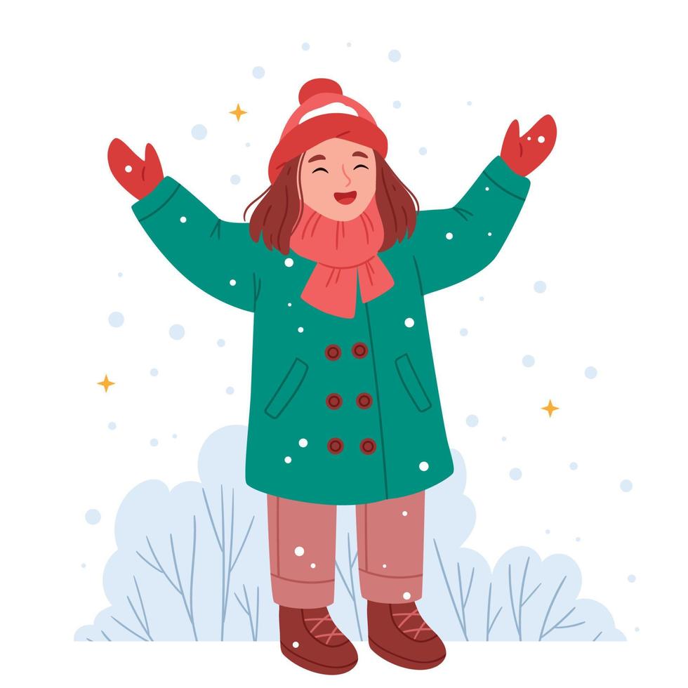 een schattig meisje in warm winter kleren is vangen sneeuw. gemakkelijk hand- getrokken illustratie. vector