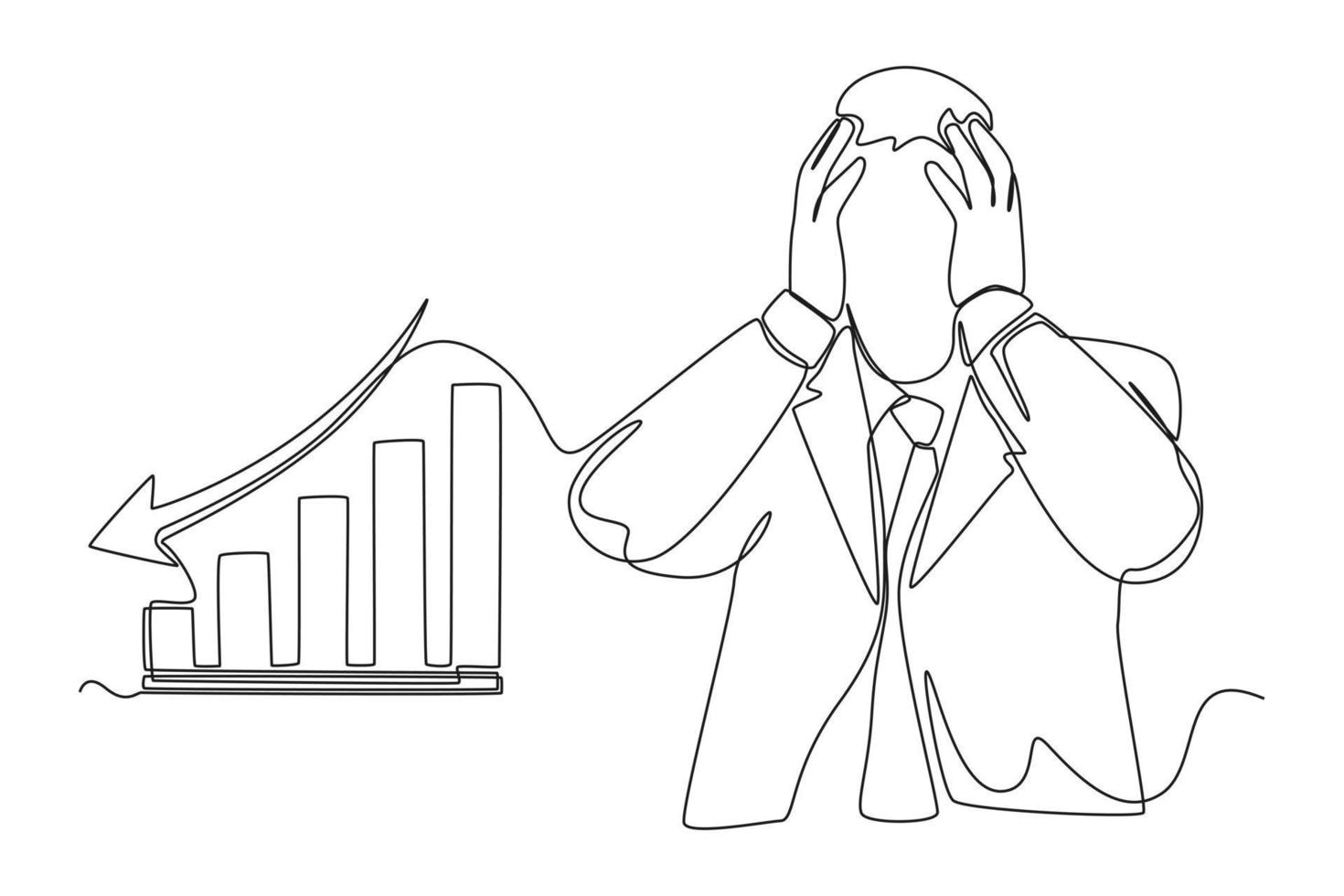 single een lijn tekening teleurgesteld zakenman omdat financieel diagram pijl is afnemend. economie en bedrijf concept. doorlopend lijn trek ontwerp grafisch vector illustratie.