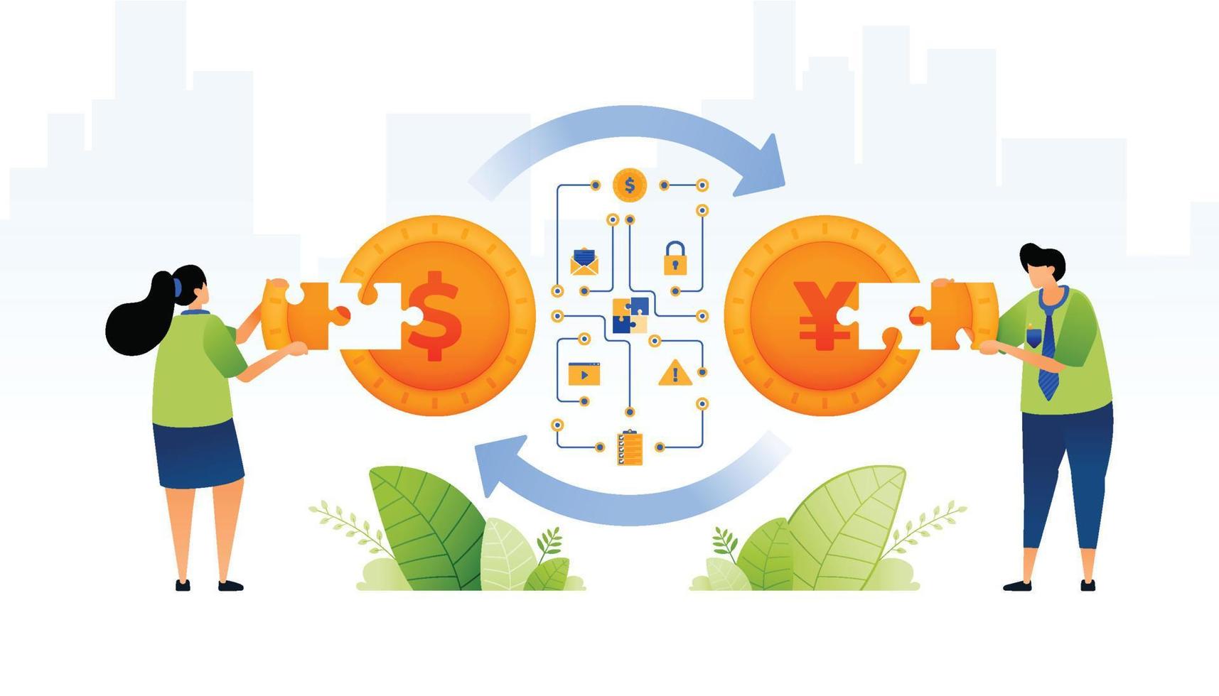 illustratie van buitenlands transactie systeem en financieel handel. mensen probleem oplossen bank systeem voor globaal financieel handel activiteiten. kan worden gebruikt voor web, website, affiches, appjes, brochures vector