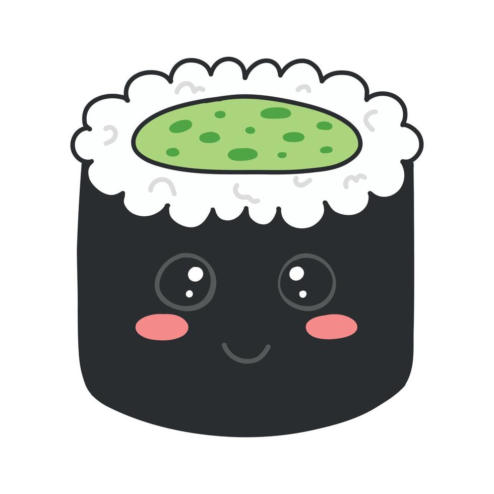 sushi in kawaii stijl. schattig Japans sushi met een glimlach. vector illustratie. tekenfilm stijl. logo voor een sushi restaurant. grappig sushi karakter.