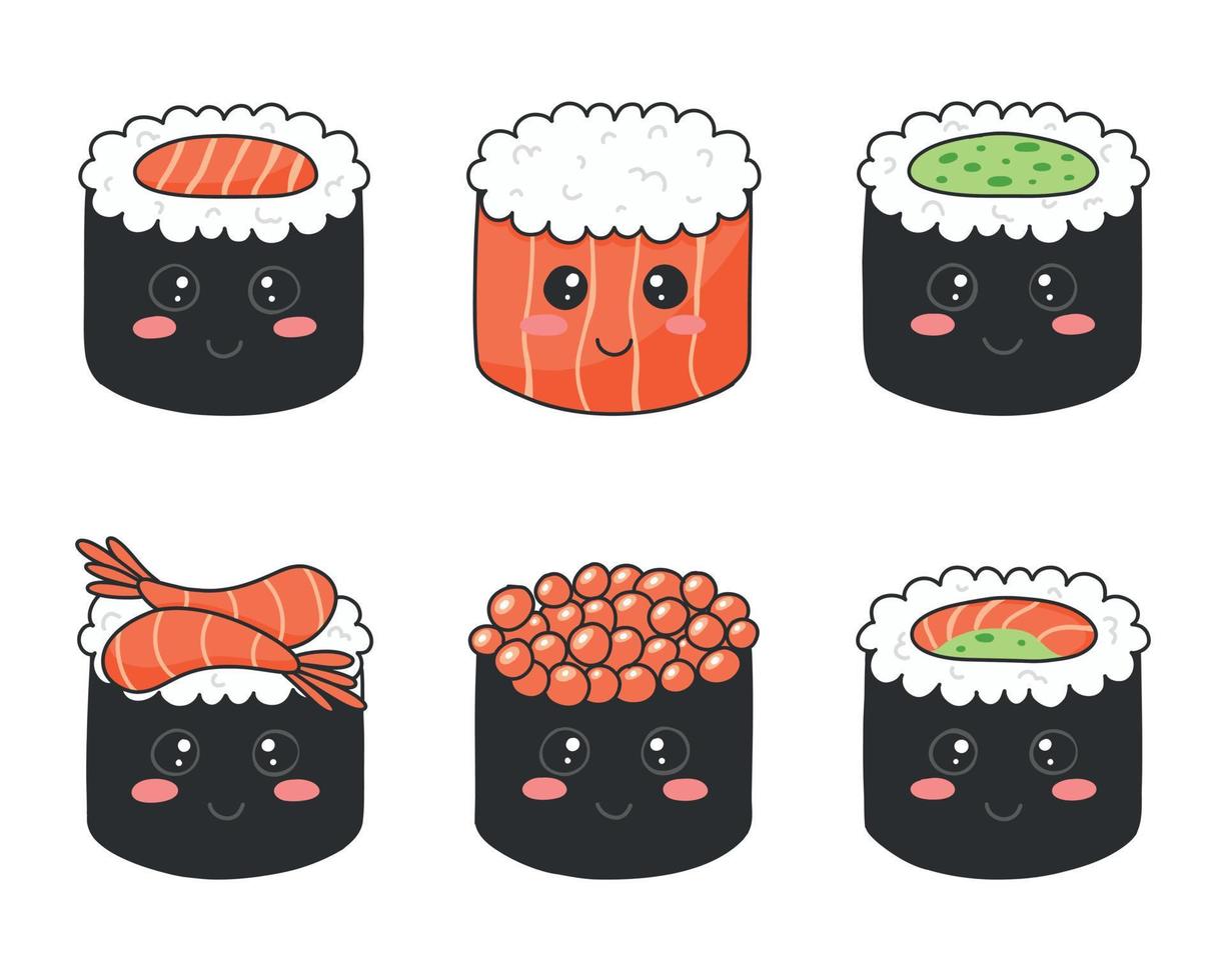 sushi reeks in kawaii stijl. schattig Japans sushi met een glimlach. vector illustratie. tekenfilm stijl. sushi restaurant logo. verzameling grappig sushi karakter.