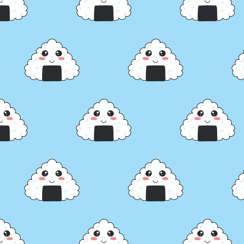 naadloos patroon met onigiri in kawaii stijl. sushi in kawaii stijl. schattig tekenfilm onigiri met een gezicht. vector illustratie.