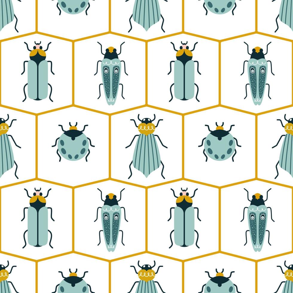 modern bugs in ruiten in kunst deco stijl. naadloos vector patroon met mieren voor behang of kleding stof