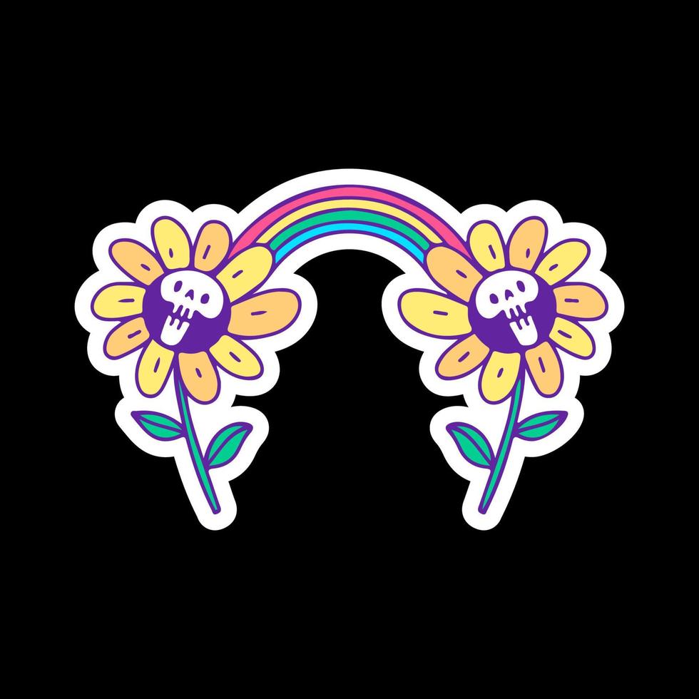 zonnebloemen schedel met regenboog, illustratie voor t-shirt, sticker, of kleding handelswaar. met tekening, retro, en tekenfilm stijl. vector