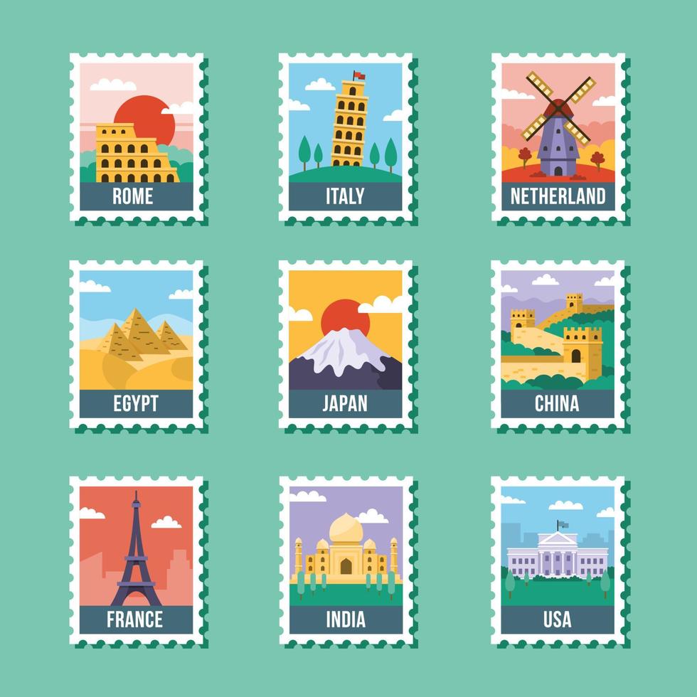 beroemd oriëntatiepunten postzegel sticker verzameling vector
