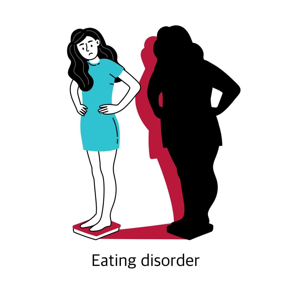 aan het eten wanorde. de concept van mentaal Gezondheid en psychologie. vector illustratie van een meisje geïsoleerd Aan een wit achtergrond.