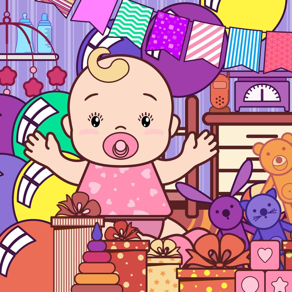feestelijk achtergrond met een schattig blij baby in een kinderen kamer met ballonnen, geschenken, speelgoed. vector douche, verjaardag partij kaart. plein samenstelling.
