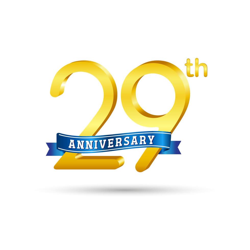 29e gouden verjaardag logo met blauw lint geïsoleerd Aan wit achtergrond. 3d goud verjaardag logo vector