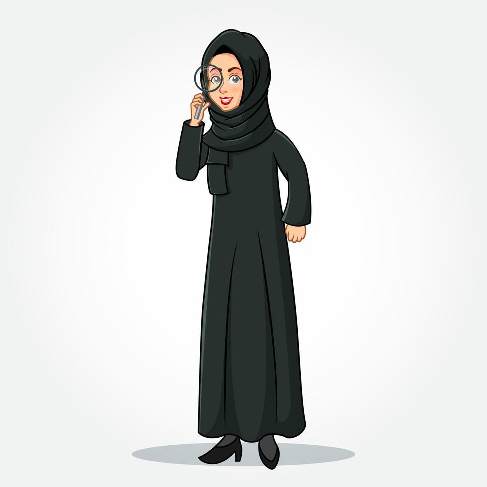 Arabisch zakenvrouw tekenfilm karakter in traditioneel kleren Holding een vergroten glas vector