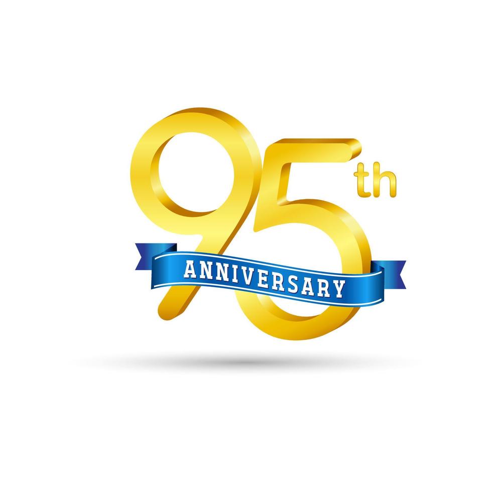 95ste gouden verjaardag logo met blauw lint geïsoleerd Aan wit achtergrond. 3d goud verjaardag logo vector