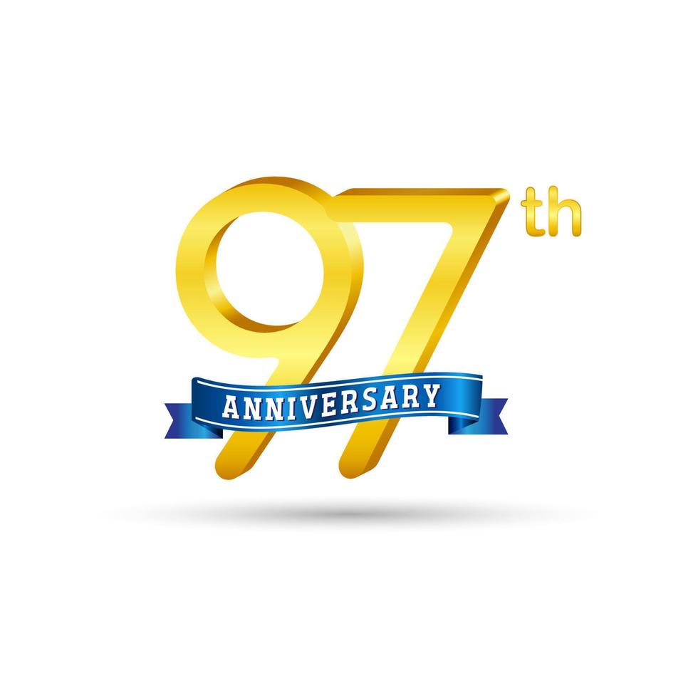 97e gouden verjaardag logo met blauw lint geïsoleerd Aan wit achtergrond. 3d goud verjaardag logo vector
