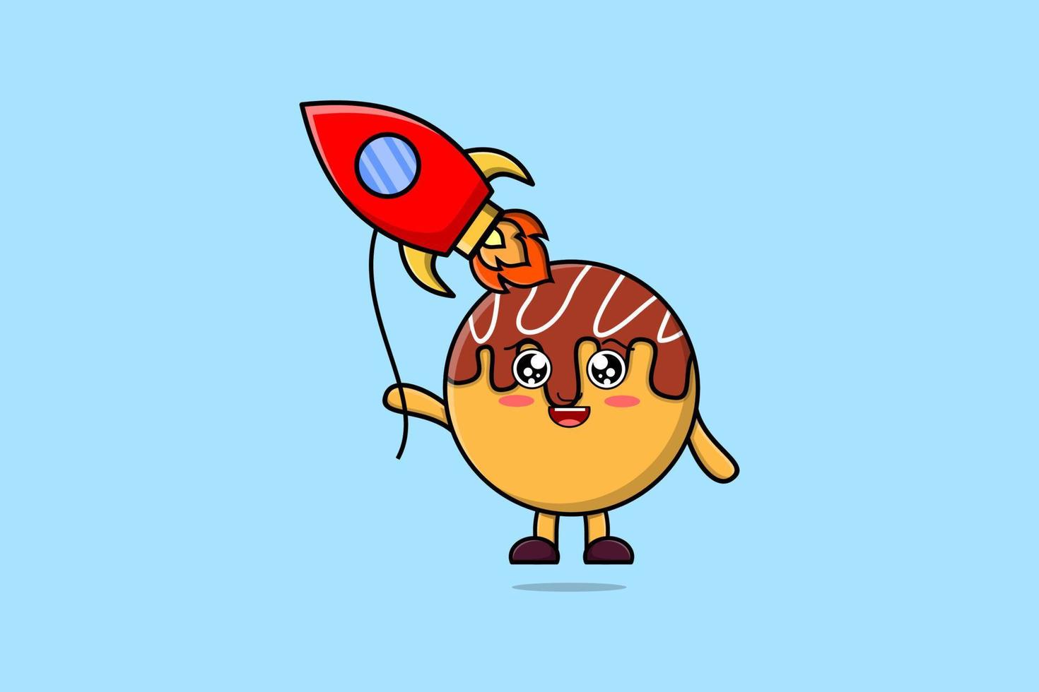 schattig tekenfilm takoyaki drijvend met raket ballon vector