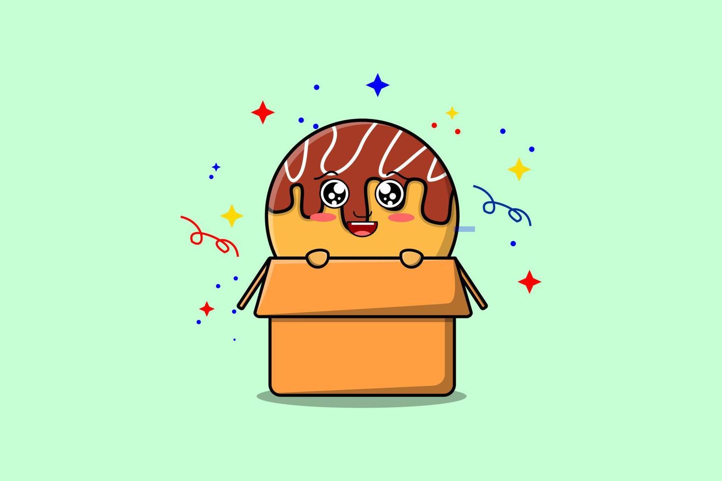 schattig tekenfilm takoyaki karakter uit van doos vector