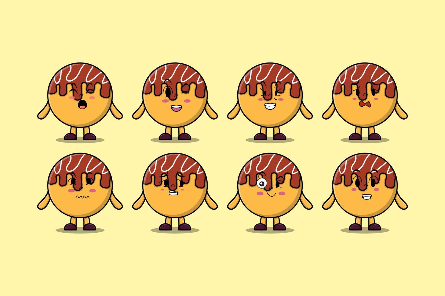 reeks kawaii takoyaki tekenfilm karakter uitdrukkingen vector
