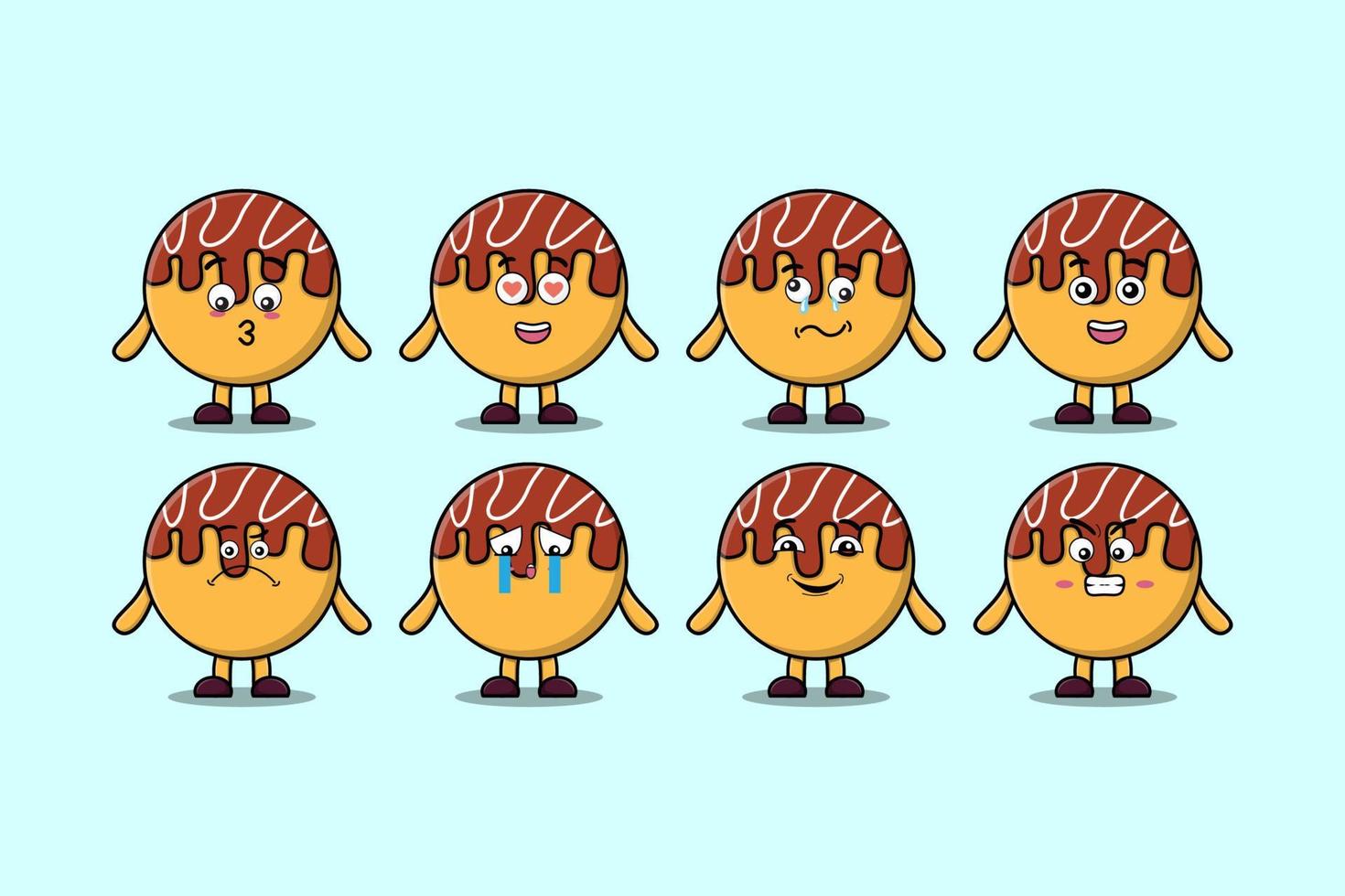 reeks kawaii takoyaki tekenfilm karakter uitdrukkingen vector