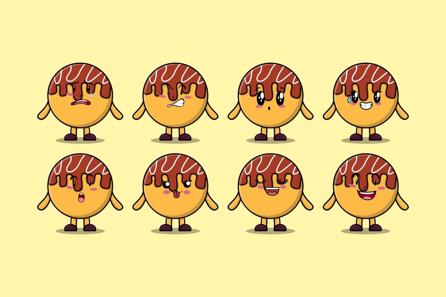 reeks kawaii takoyaki tekenfilm karakter uitdrukkingen vector