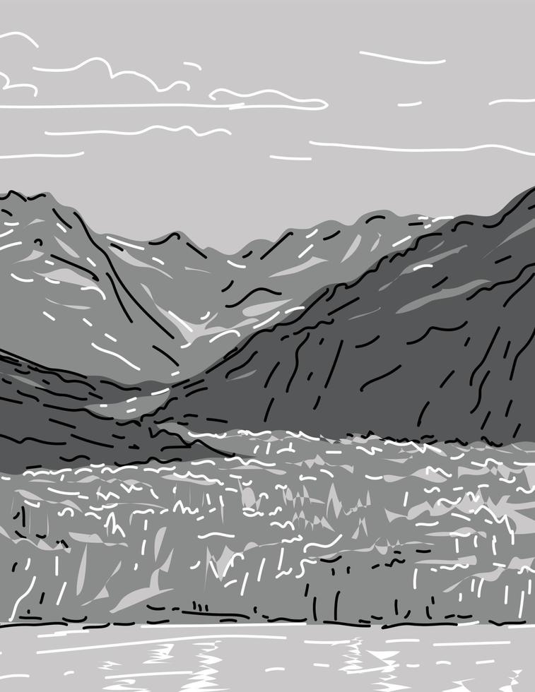 gletsjer baai nationaal park en behouden in Alaska monoline lijn kunst grijswaarden tekening vector