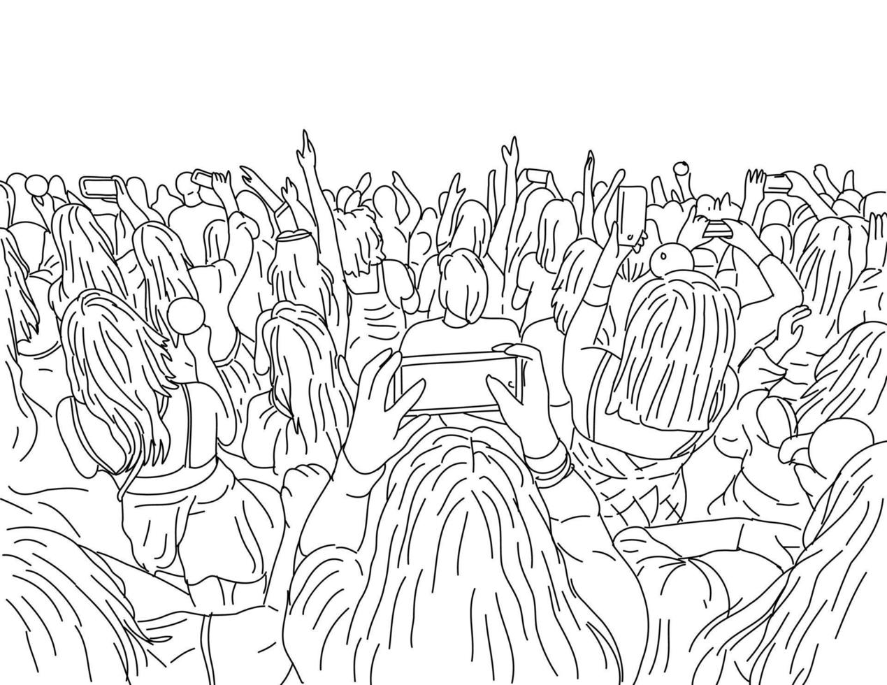 menigte van jong mensen met mobiele telefoon Bij een leven concert lijn kunst tekening vector