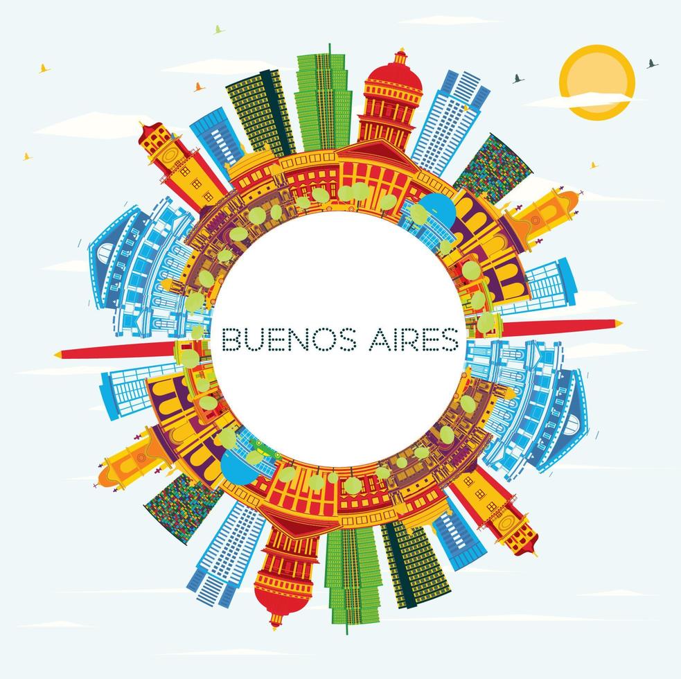 buenos aires skyline met kleuroriëntatiepunten, blauwe lucht en kopieerruimte. vector