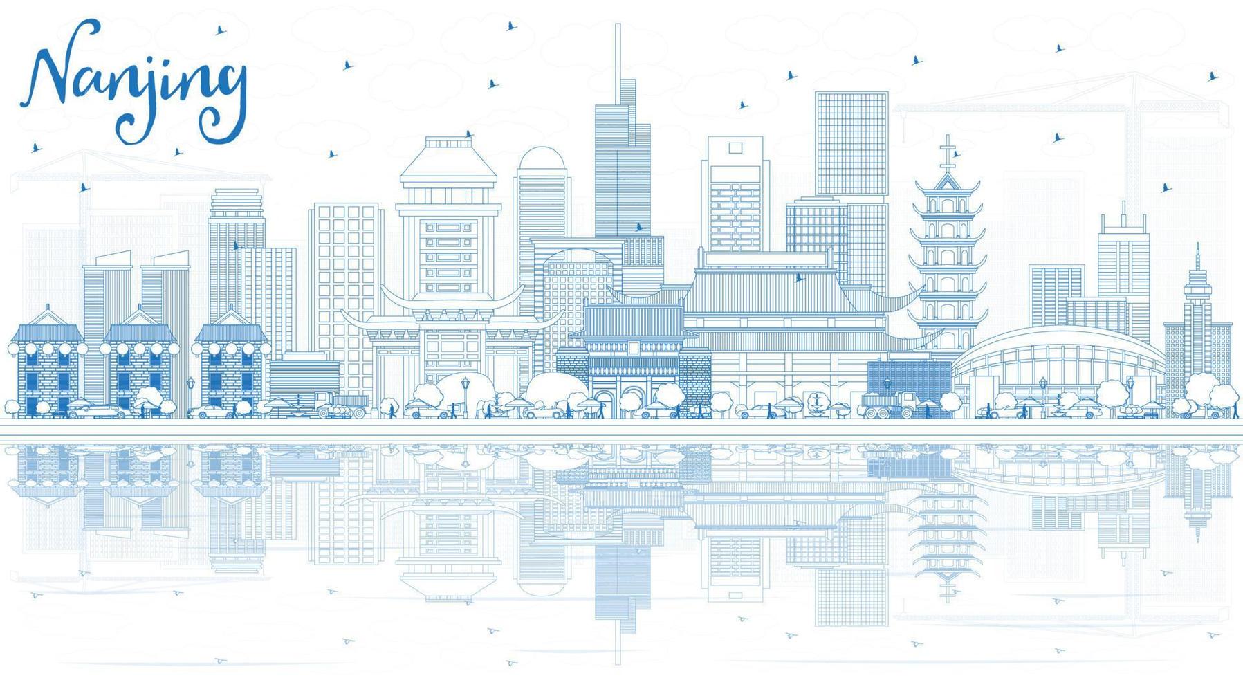 schets nanking China stad horizon met blauw gebouwen en reflecties. vector