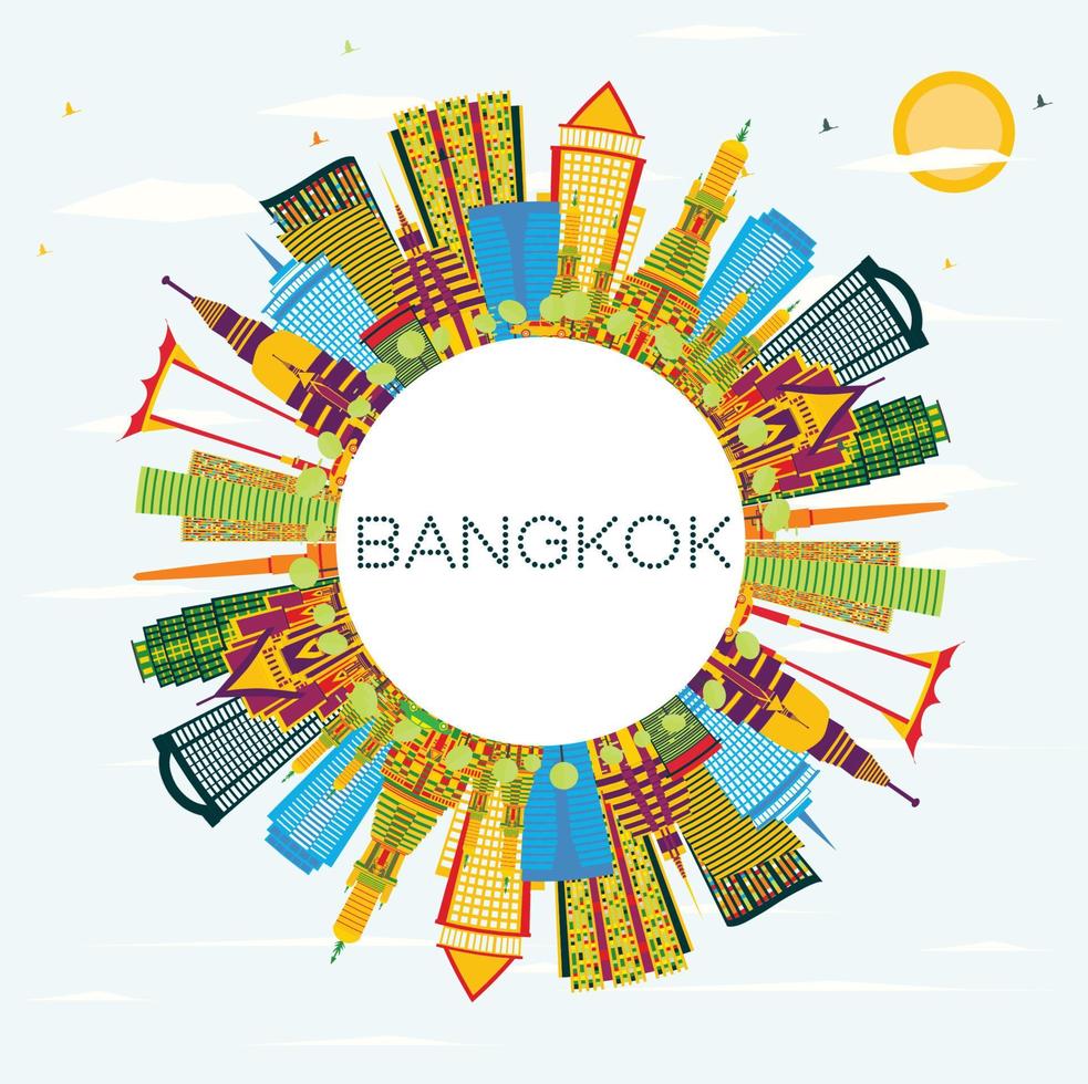 Bangkok Thailand horizon met kleur oriëntatiepunten, blauw lucht en kopiëren ruimte. vector