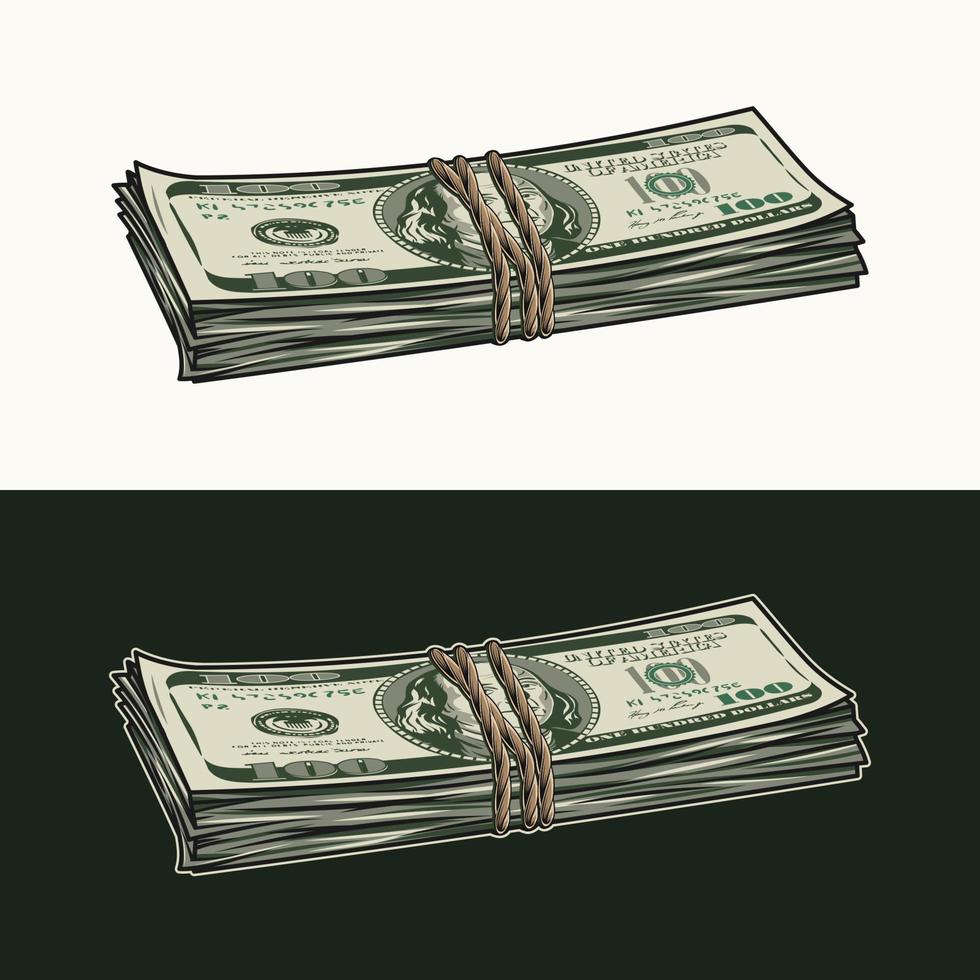 aan het liegen dichtproppen van 100 dollar rekeningen gebonden met jute- touw. bankbiljetten met voorkant voorzijde kant. contant geld geld. wijnoogst stijl. gedetailleerd geïsoleerd vector illustratie. kant visie