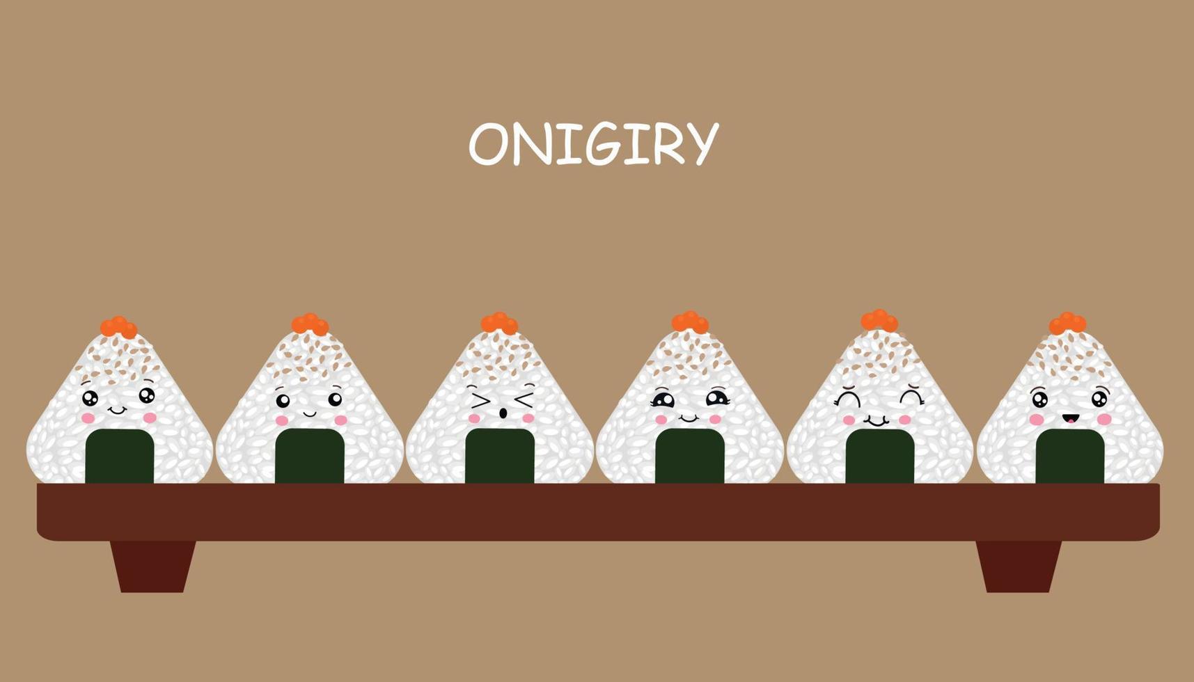 vector illustratie van onigiri in de stijl van kawaii. Japans snel voedsel gemaakt van rijst- met een vulling gevormd in de het formulier van een driehoek van noch ik zeewier.