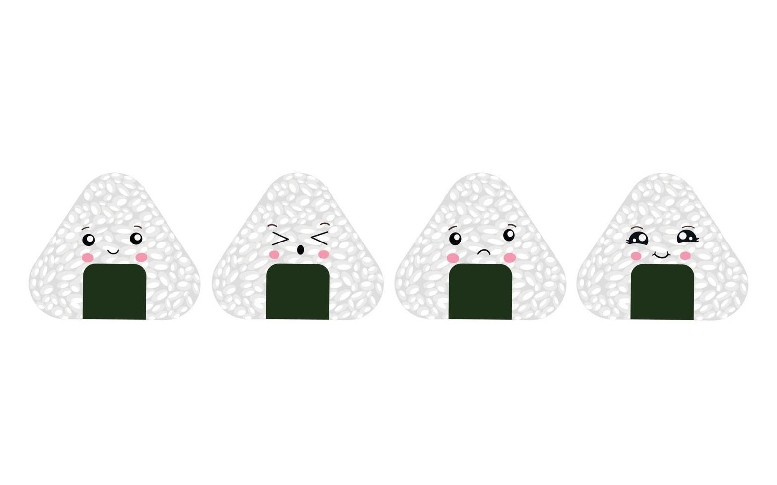 vector illustratie van onigiri in de stijl van kawaii. Japans snel voedsel gemaakt van rijst- met een vulling gevormd in de het formulier van een driehoek van noch ik zeewier.