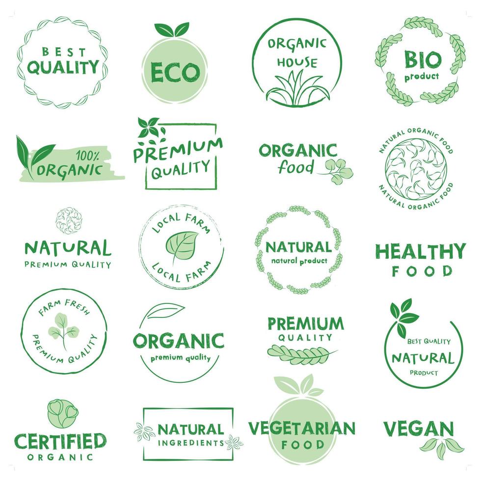 biologisch voedsel, natuurlijk Product en gezond leven logo, stickers en insignes. vector