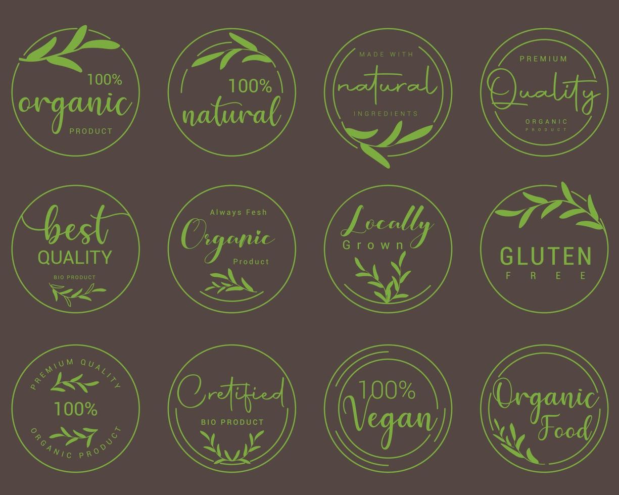 biologisch voedsel, natuurlijk Product en gezond leven logo, stickers en insignes. vector