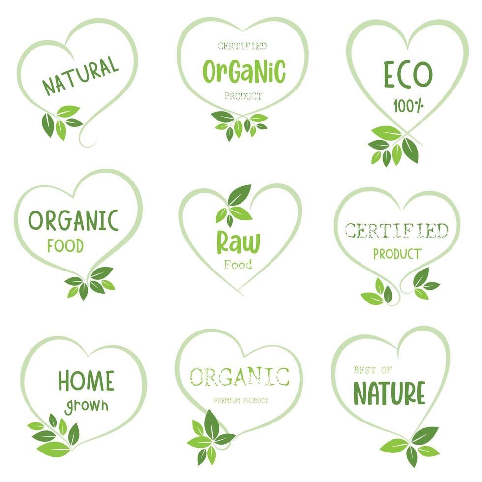 biologisch voedsel, natuurlijk Product en gezond leven logo, stickers en insignes. vector