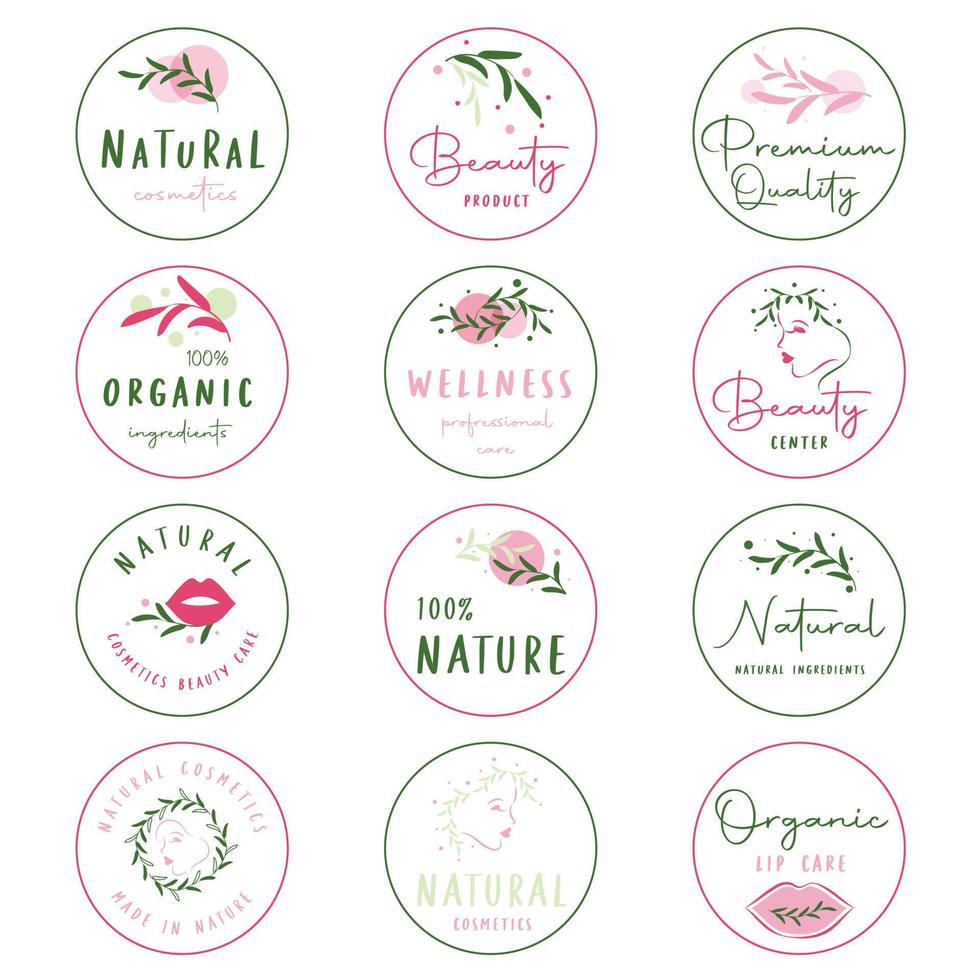 reeks van stickers en elementen voor biologisch, natuurlijk cosmetica, schoonheid, spa en welzijn producten. vector