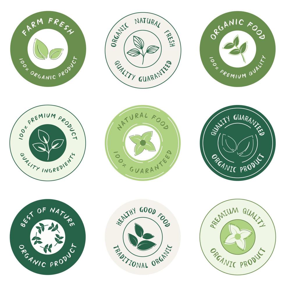 biologisch voedsel, natuurlijk voedsel, gezond voedsel en biologisch of natuurlijk Product logo's, icoon, badges en stickers verzameling voor voedsel en drinken markt, e-commerce, biologisch producten, natuurlijk producten Promotie. vector