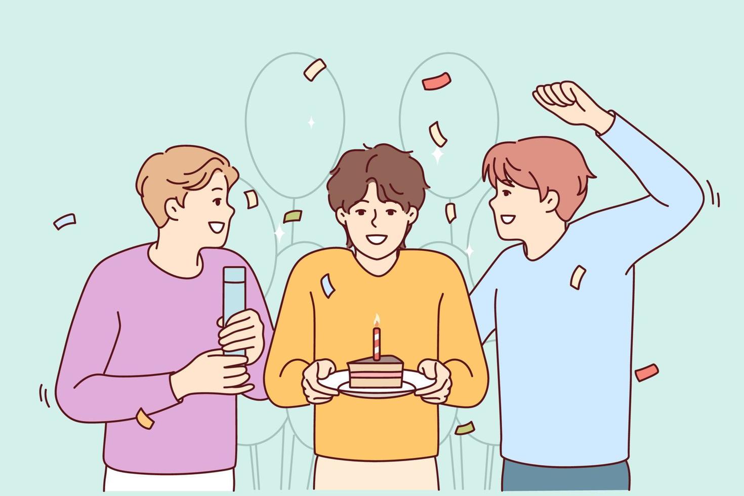 glimlachen jongens groet vriend met taart en ballonnen. gelukkig mensen vieren verjaardag samen. partij en viering. vector illustratie.