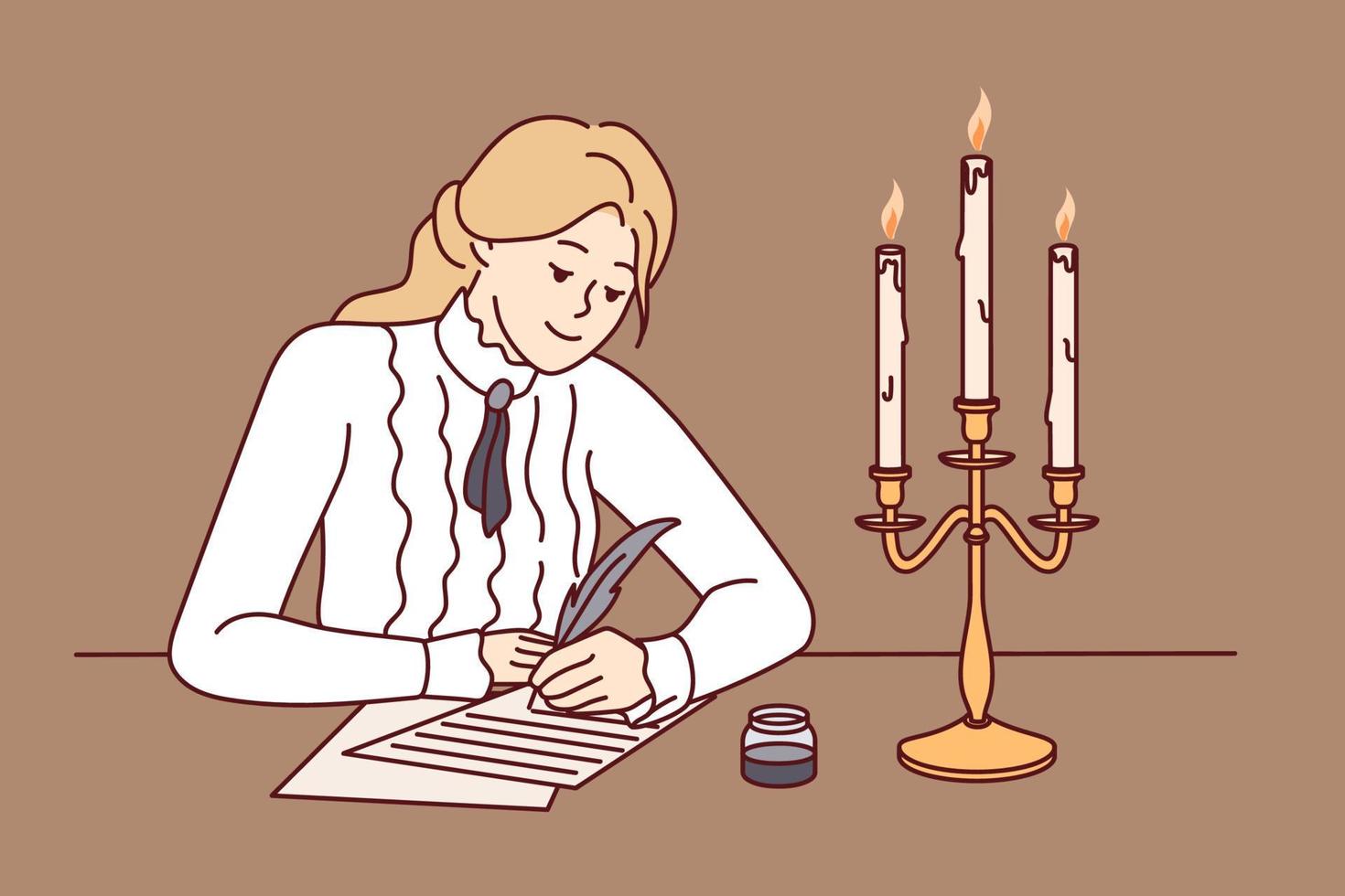 jong vrouw in retro kleren zitten Bij bureau schrijven met veer en kaarsen brandend. gelukkig dame handgeschreven Aan papier gedurende oud keer. wijnoogst stijl. vector illustratie.