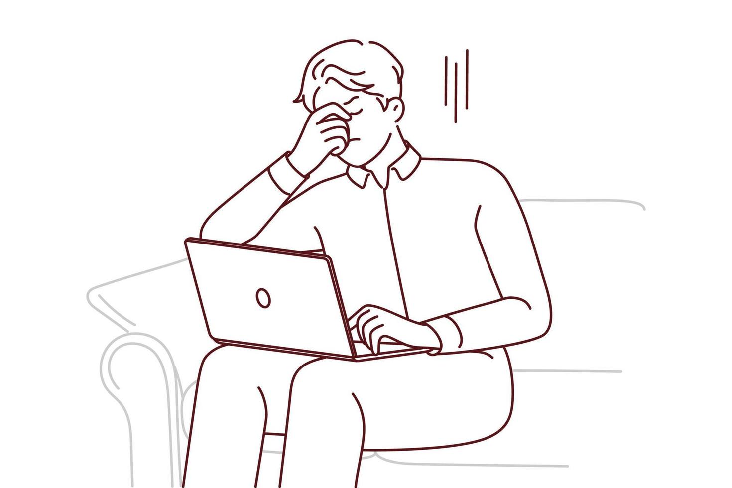 ongezond Mens zitten Aan sofa werk Aan computer lijden van hoofdpijn. onwel moe mannetje met laptop worstelen met overwerk of Gezondheid problemen. vector illustratie.