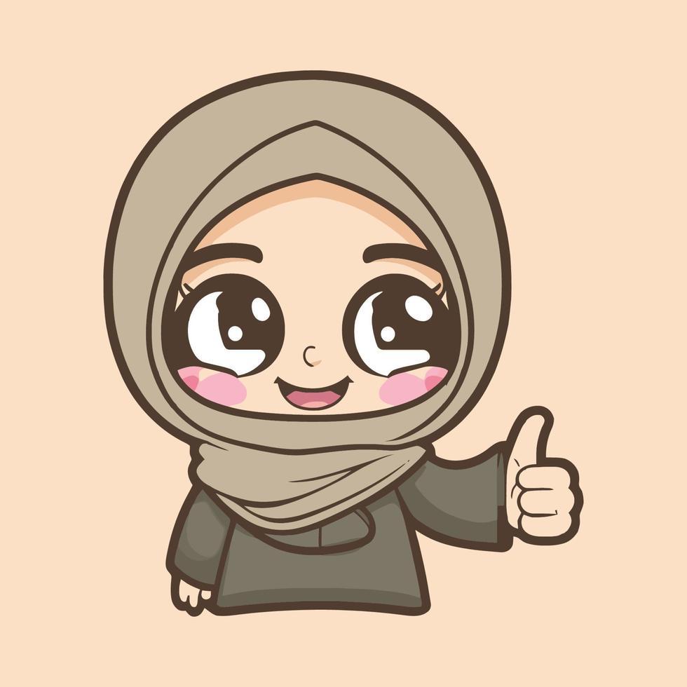 moslim meisje met schattig en aanbiddelijk in hijaab. illustratie van een jong meisje in glimlach jurk hijaab. vector in tekenfilm stijl.