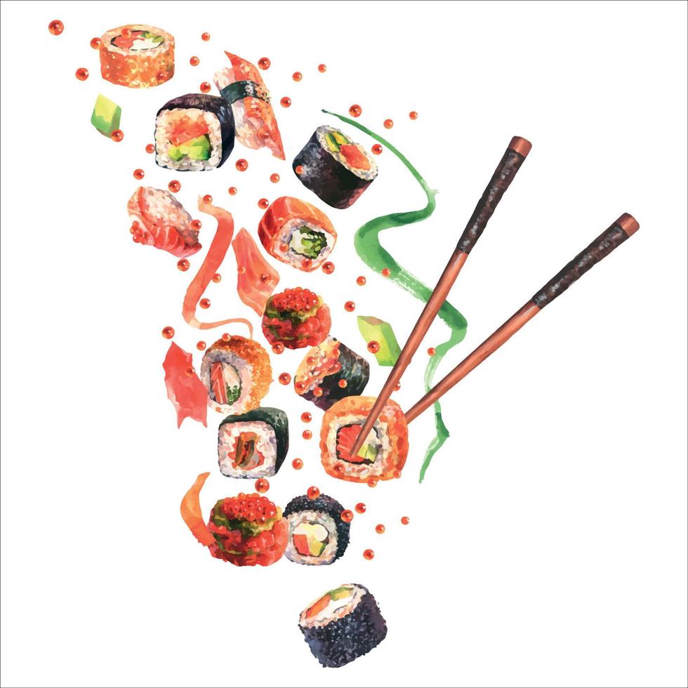 waterverf illustratie van heerlijk sushi en broodjes reeks met eetstokjes in beweging Aan wit achtergrond. cafe logo, uithangbord, Aziatisch keuken, menu bladzijde, advertentie banier ontwerp vector